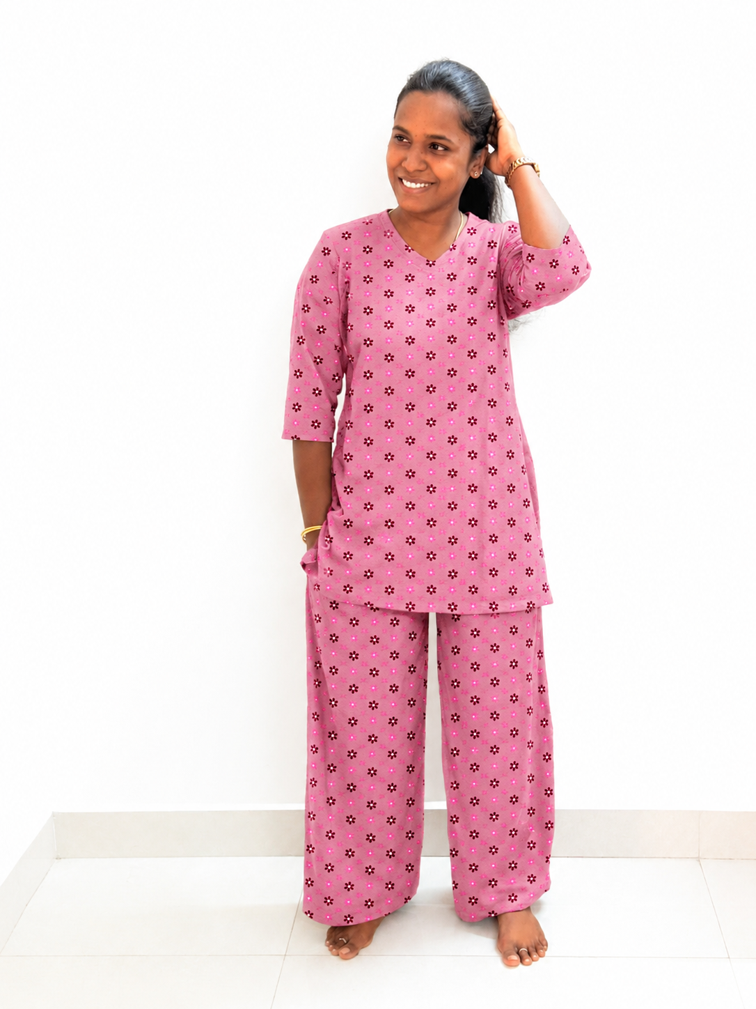 PREBOOKING - Premium Quality - Women's Kurthi night set - Pink pattas kurthi set