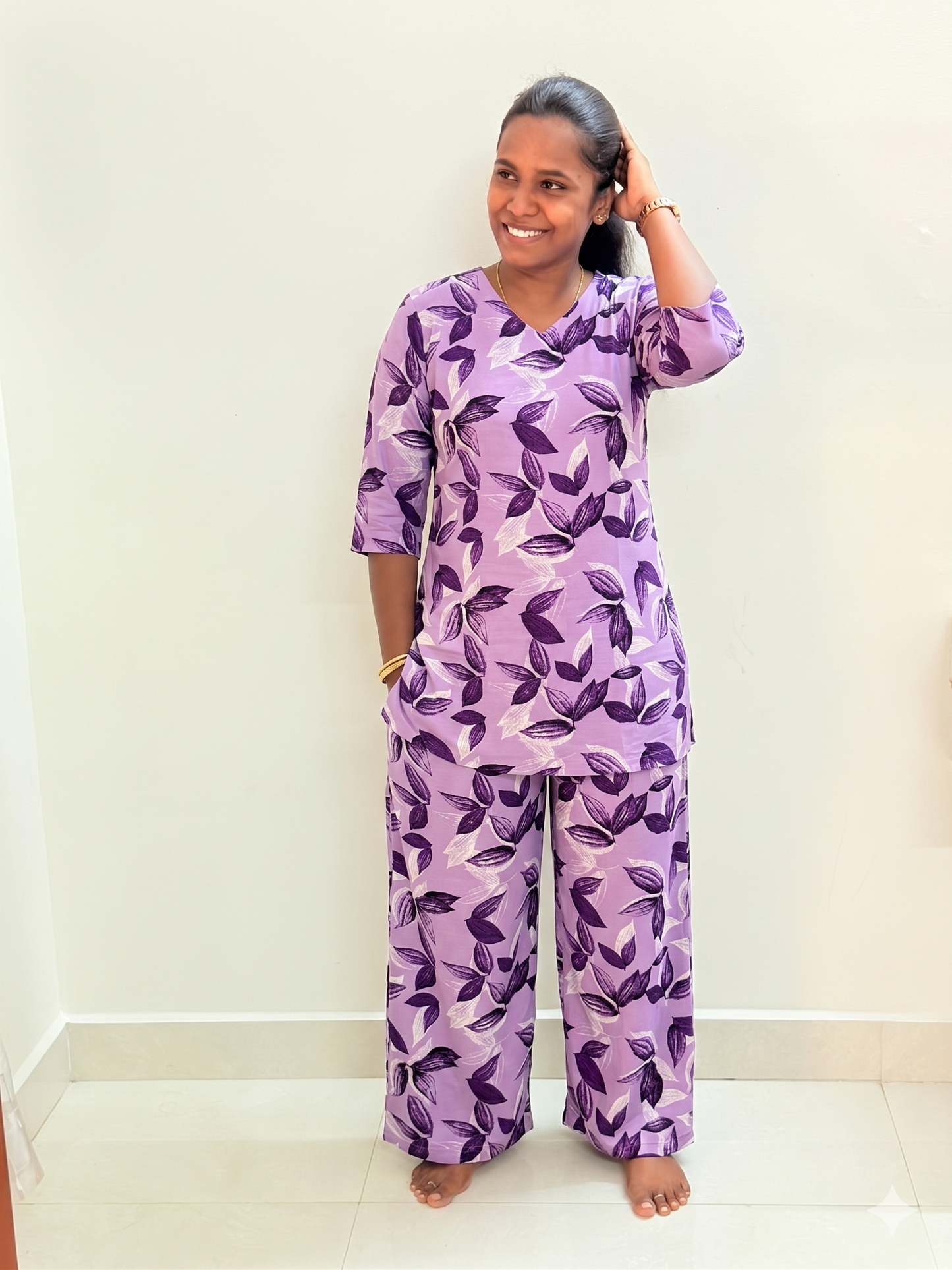 Premium Women's Kurthi night set - Purple leaves