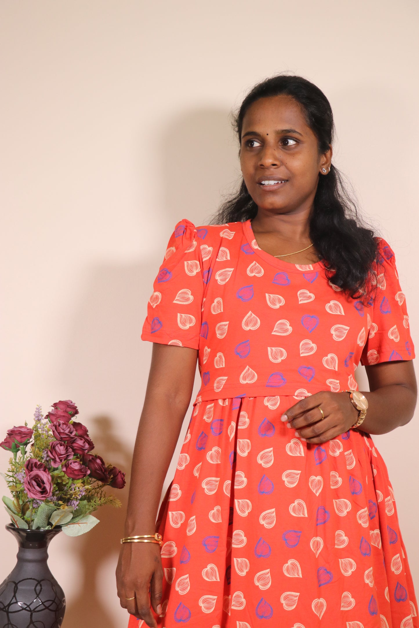 Premium quality - Feeding (Puff sleeves) Lounge wear- TCIF02 - Red mini hearts