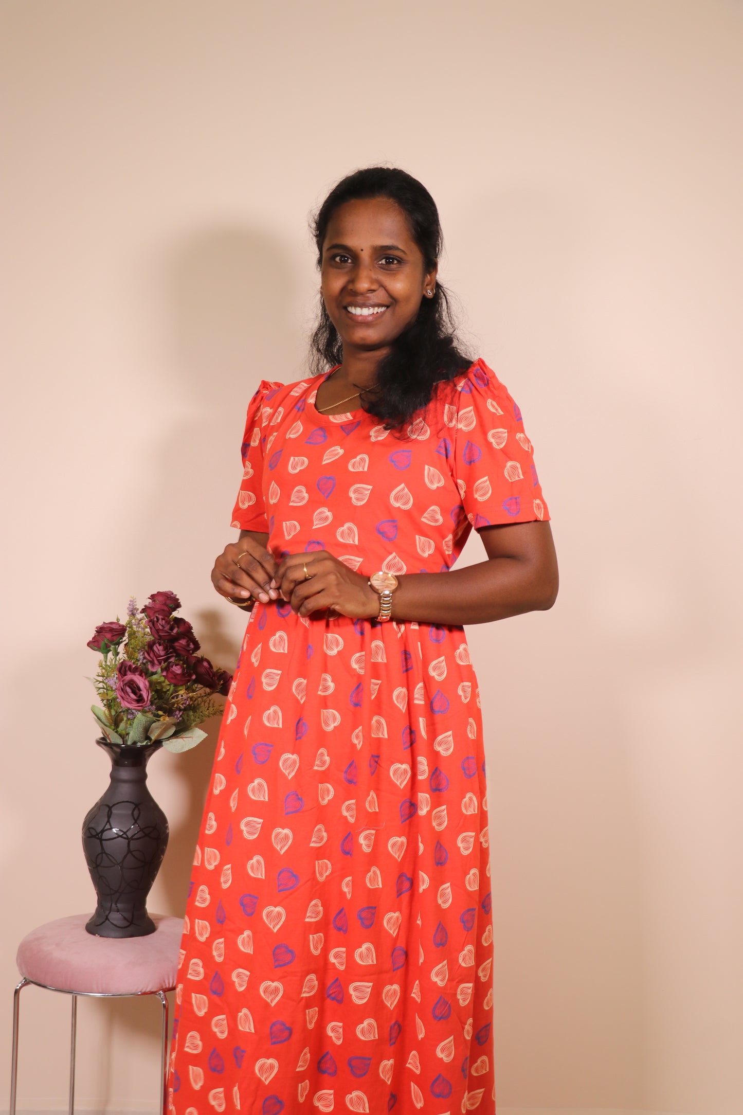 Premium quality - Feeding (Puff sleeves) Lounge wear- TCIF02 - Red mini hearts