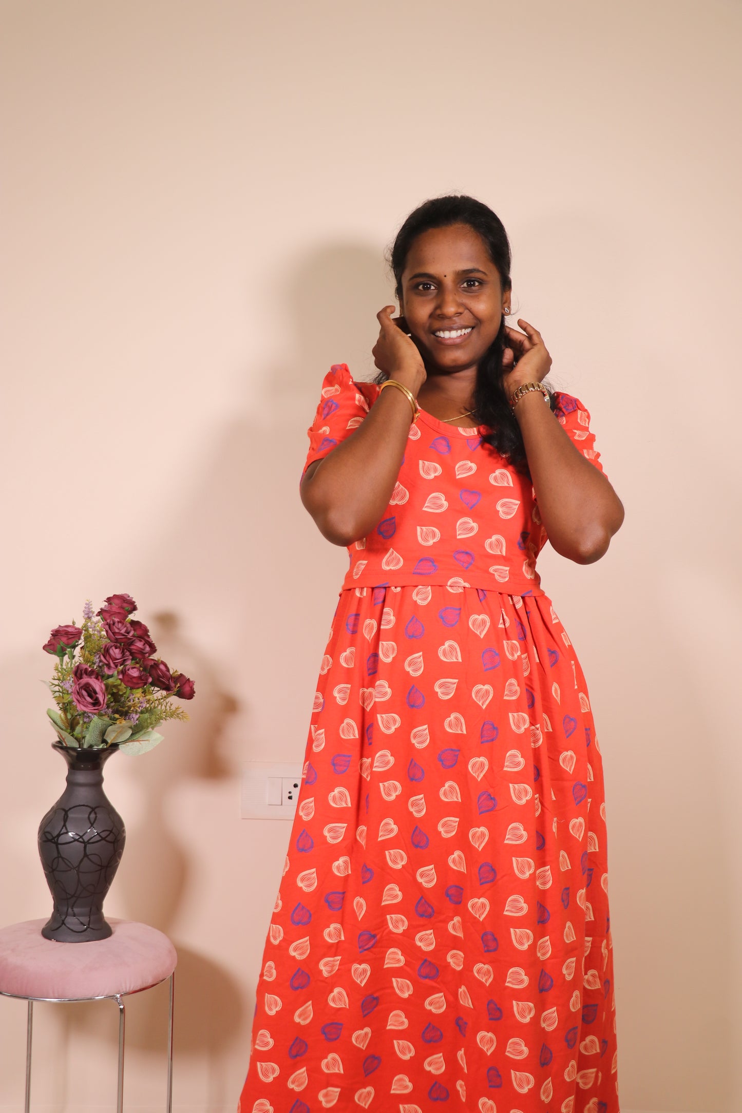 Premium quality - Feeding (Puff sleeves) Lounge wear- TCIF02 - Red mini hearts