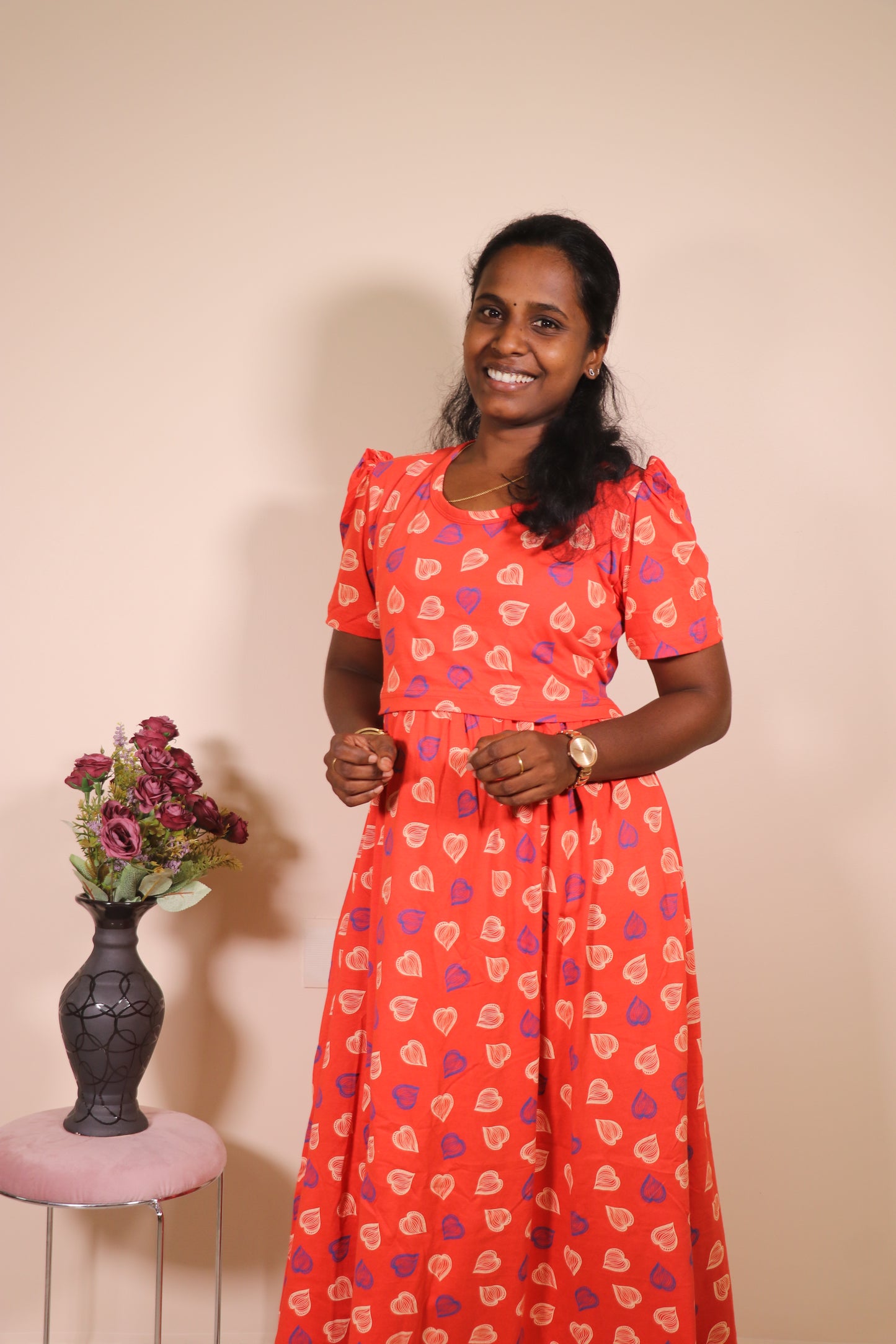 Premium quality - Feeding (Puff sleeves) Lounge wear- TCIF02 - Red mini hearts