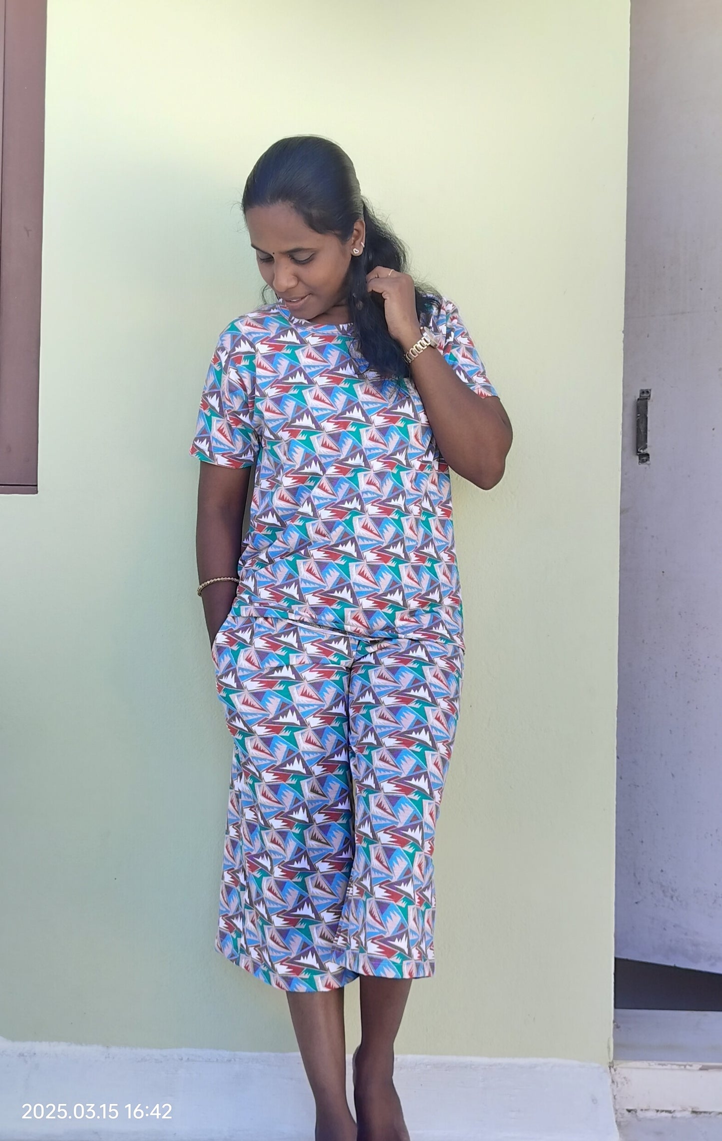 Women's 3/4 th Palazzo coord set - Purple Geometric