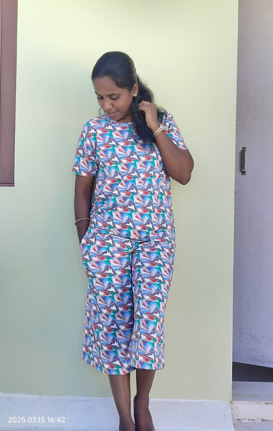 Women's 3/4 th Palazzo coord set - Purple Geometric