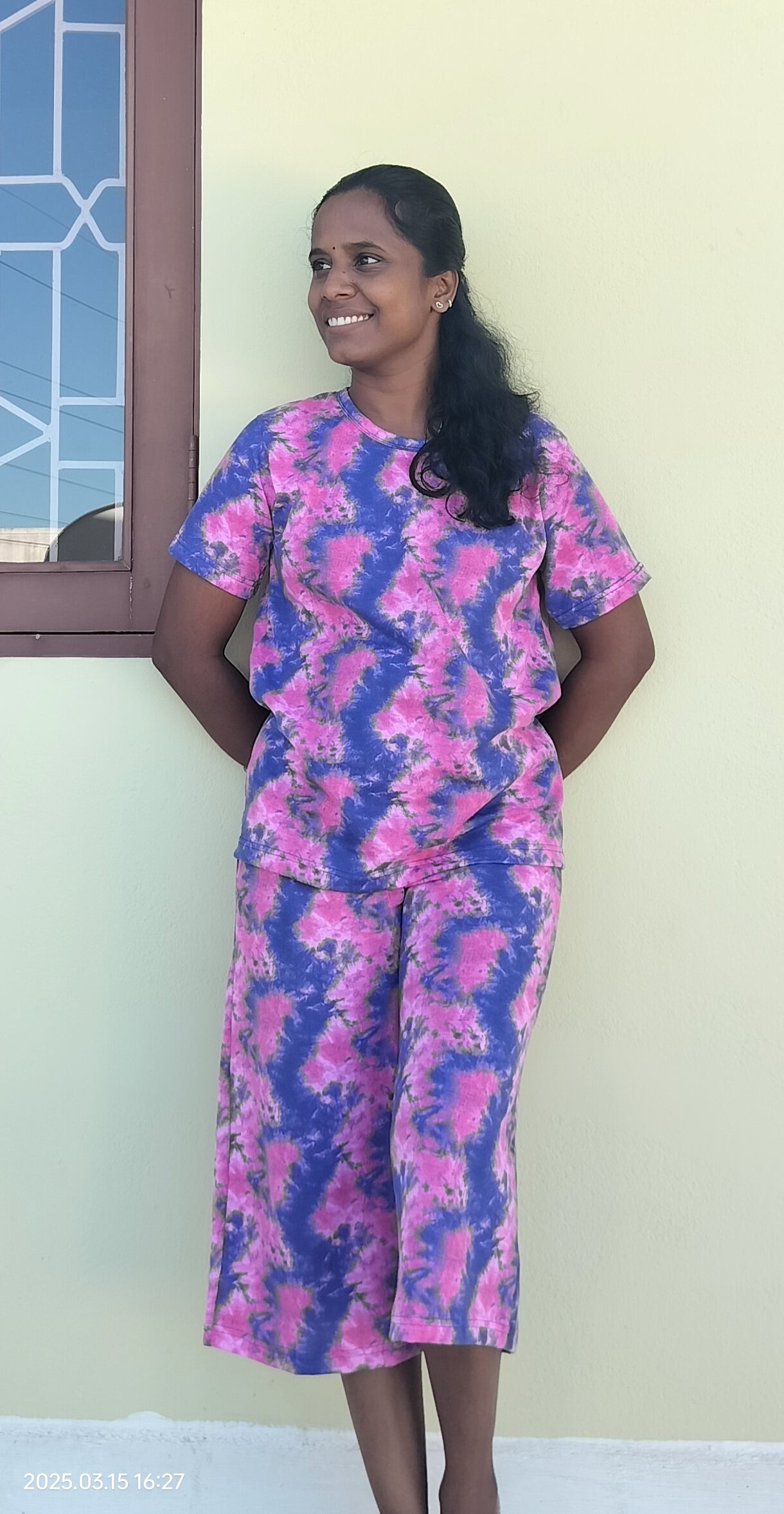 Women's 3/4 th Palazzo coord set - Aqua pink Print