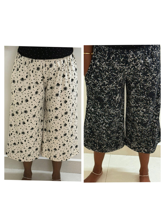 Pack of 2 Printed Women's Calf length Palazzo pant - Black and Beige
