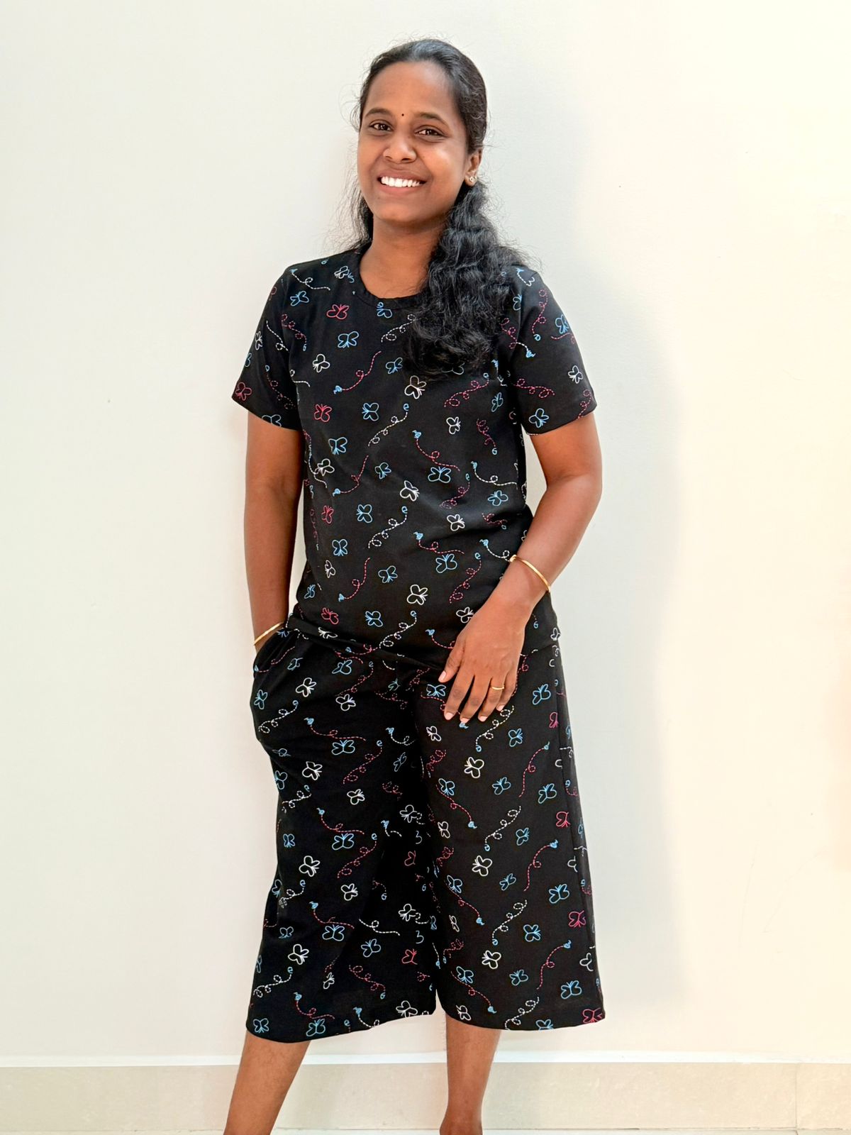 Women's 3/4 th Palazzo coord set - Dark butterflies