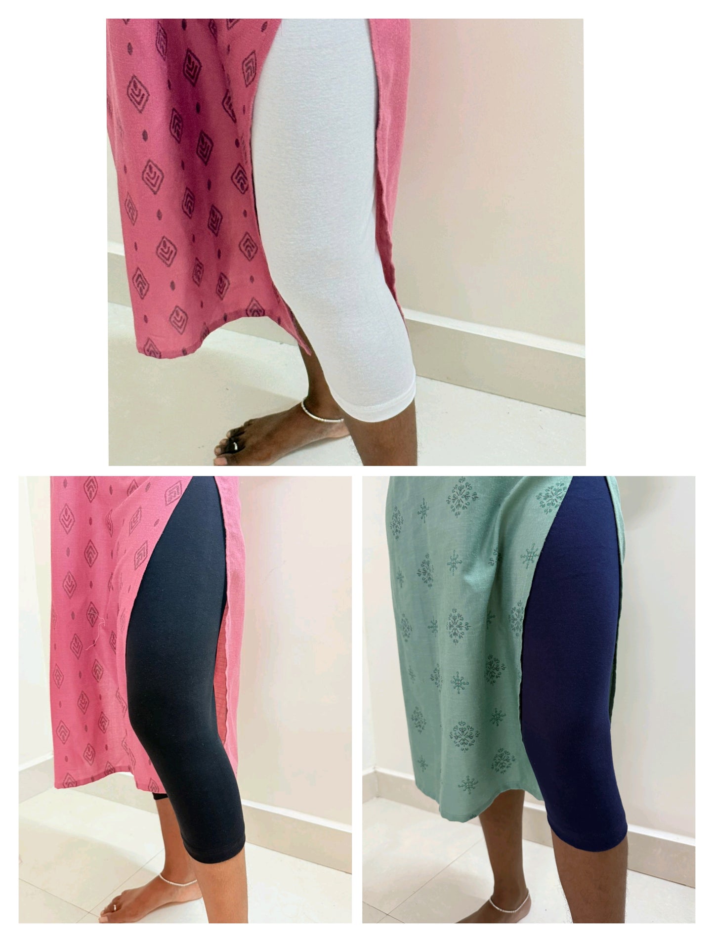 Super saver pack of 3 Calf length leggings - (Black, white and Navy blue )