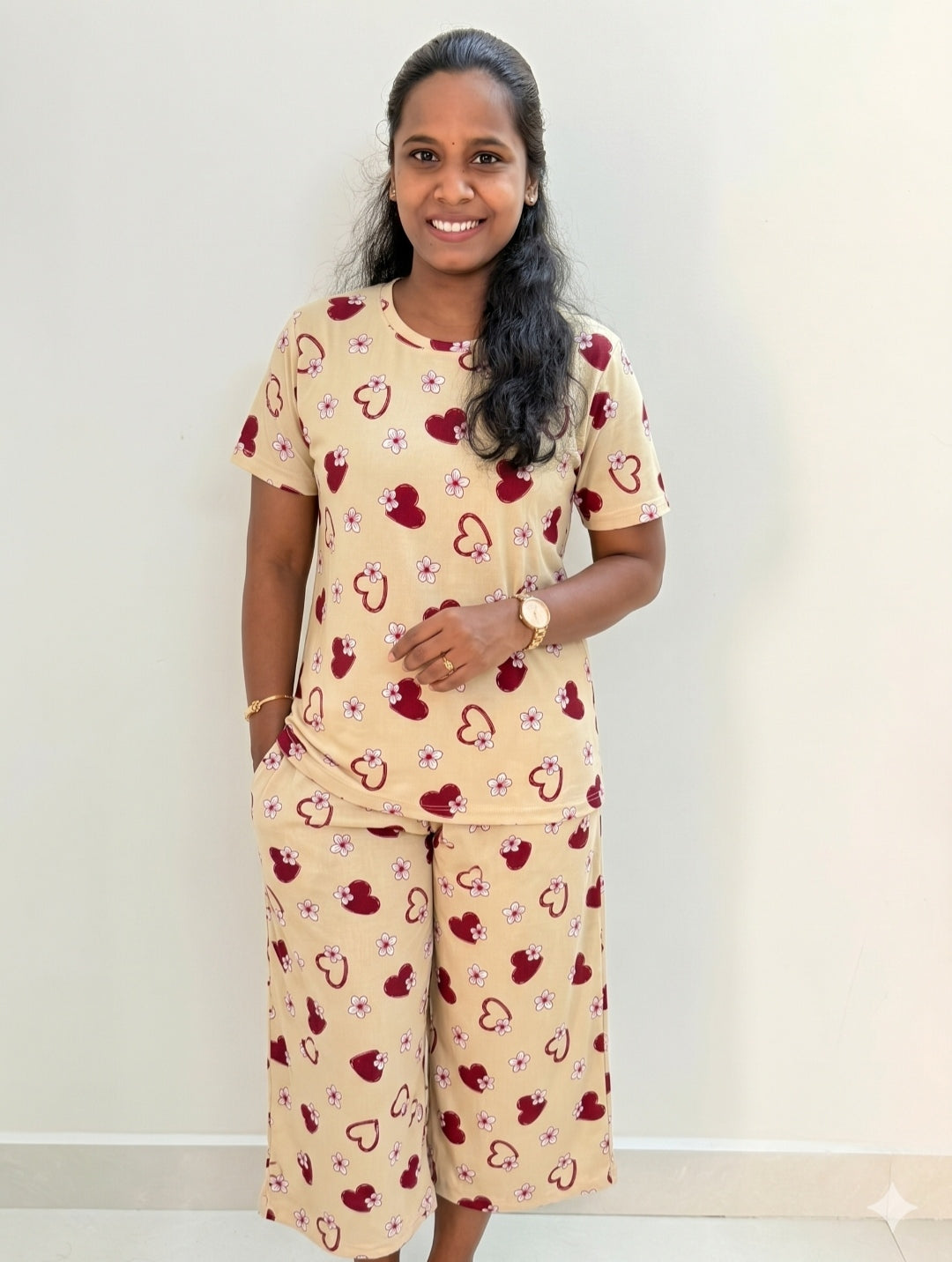 Prebooking* - Premium Women's 3/4 th Palazzo coord set - Cream heartin palazzo coords