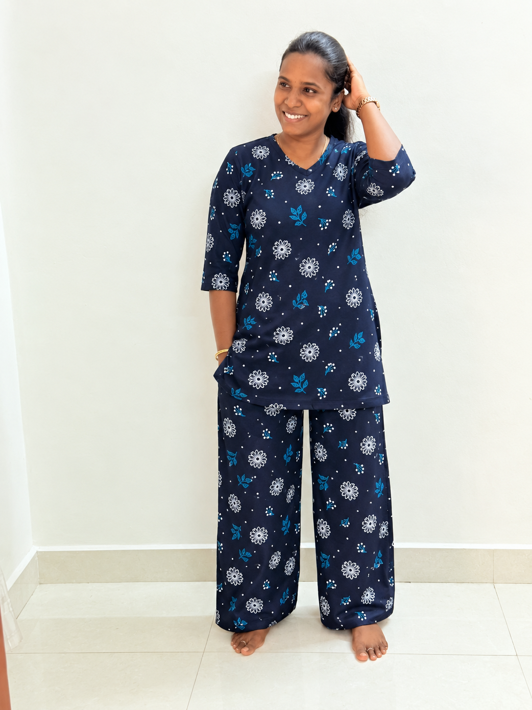 *PREBOOKING* - Premium Quality - Women's Kurthi night set - Dark bluey sunflower Kurthi set