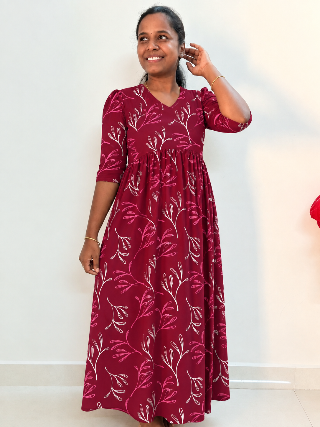 *READY TO DISPATCH * - Premium quality Soft Curvy Non feeding puff peplum maxi- Maroon zigged peplum maxi