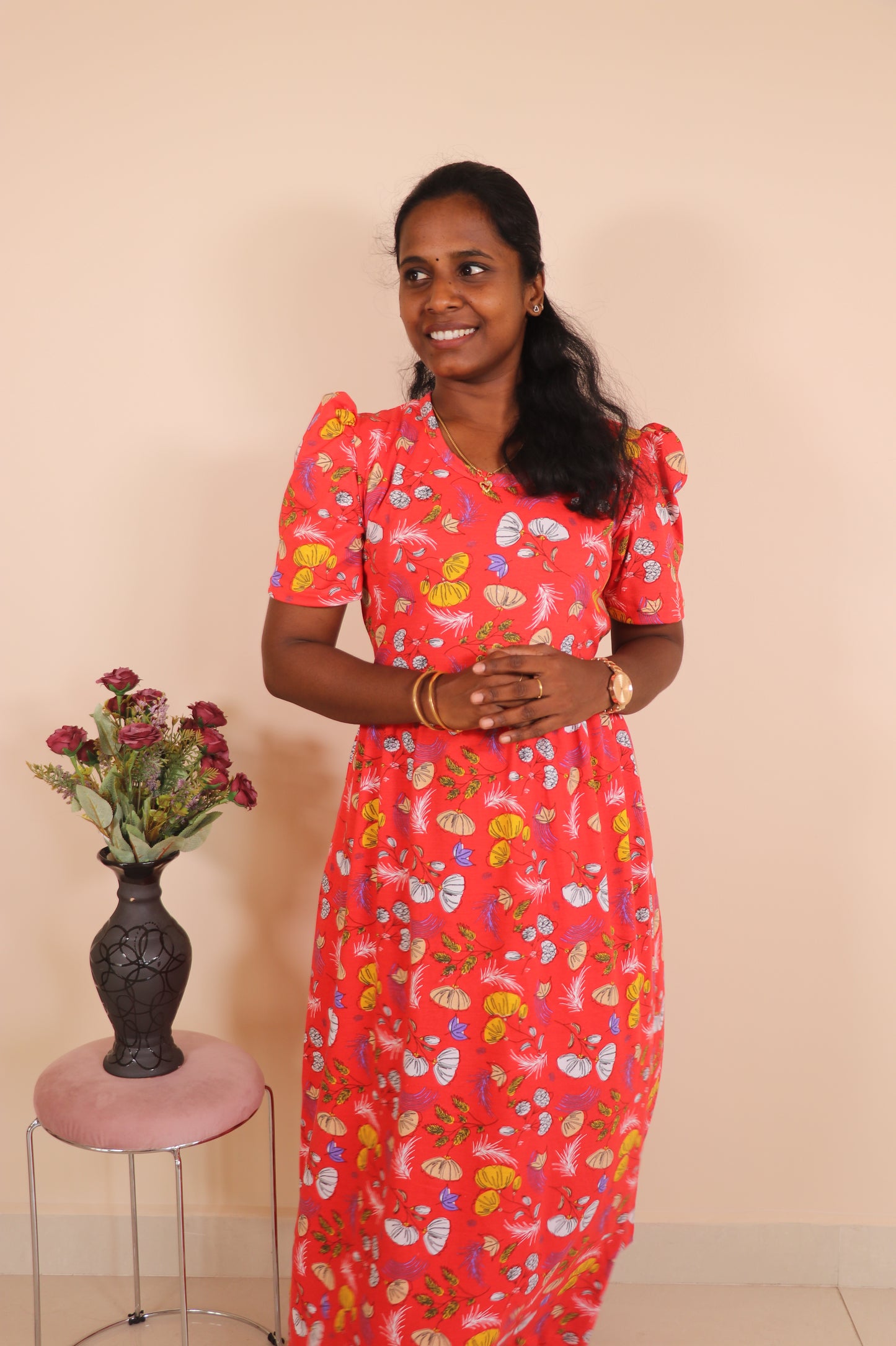 Women's Non feeding Lounge wear Puff sleeves- TCIN01 - Red Kannamma Puff