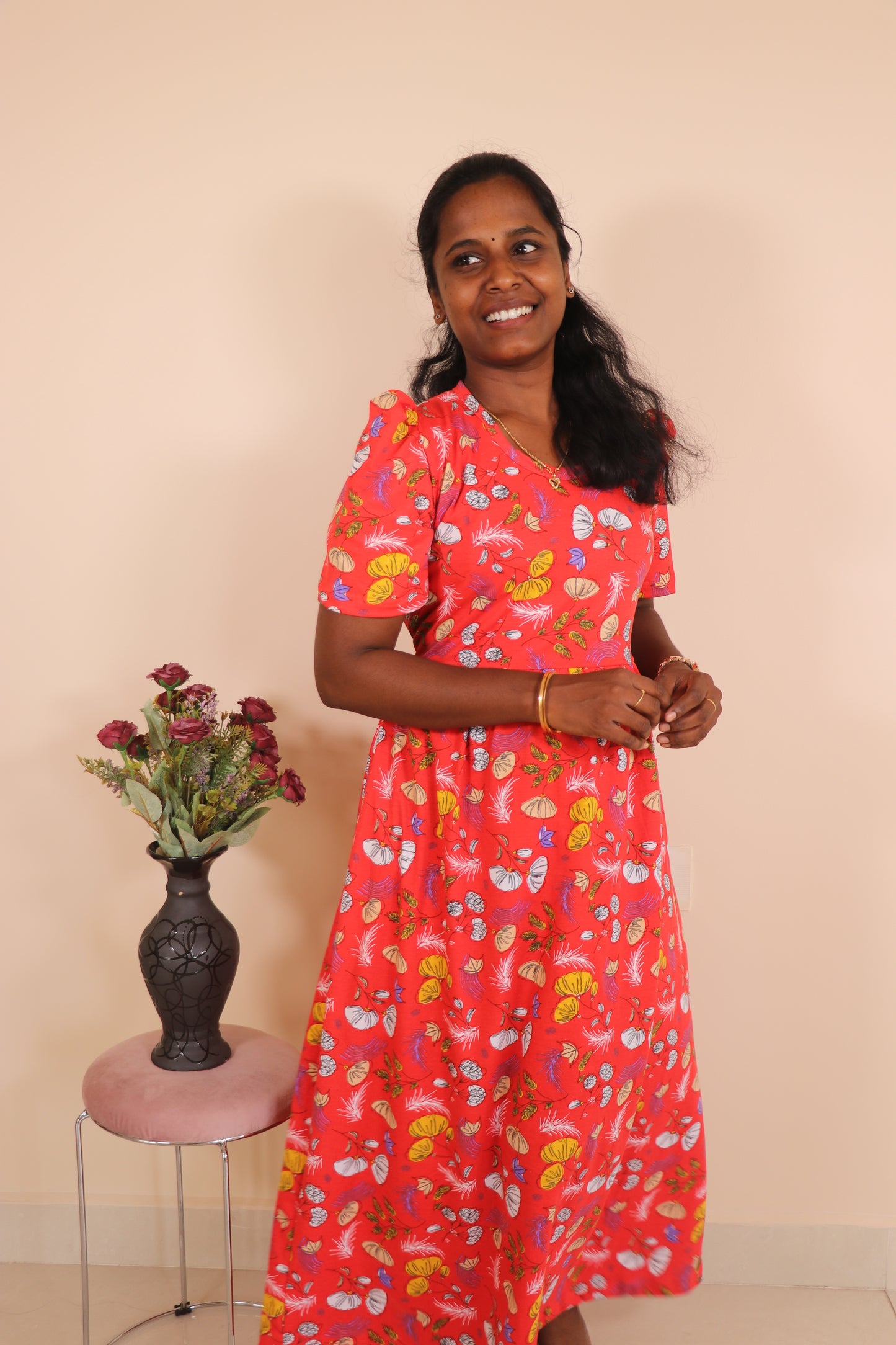 Women's Non feeding Lounge wear Puff sleeves- TCIN01 - Red Kannamma Puff