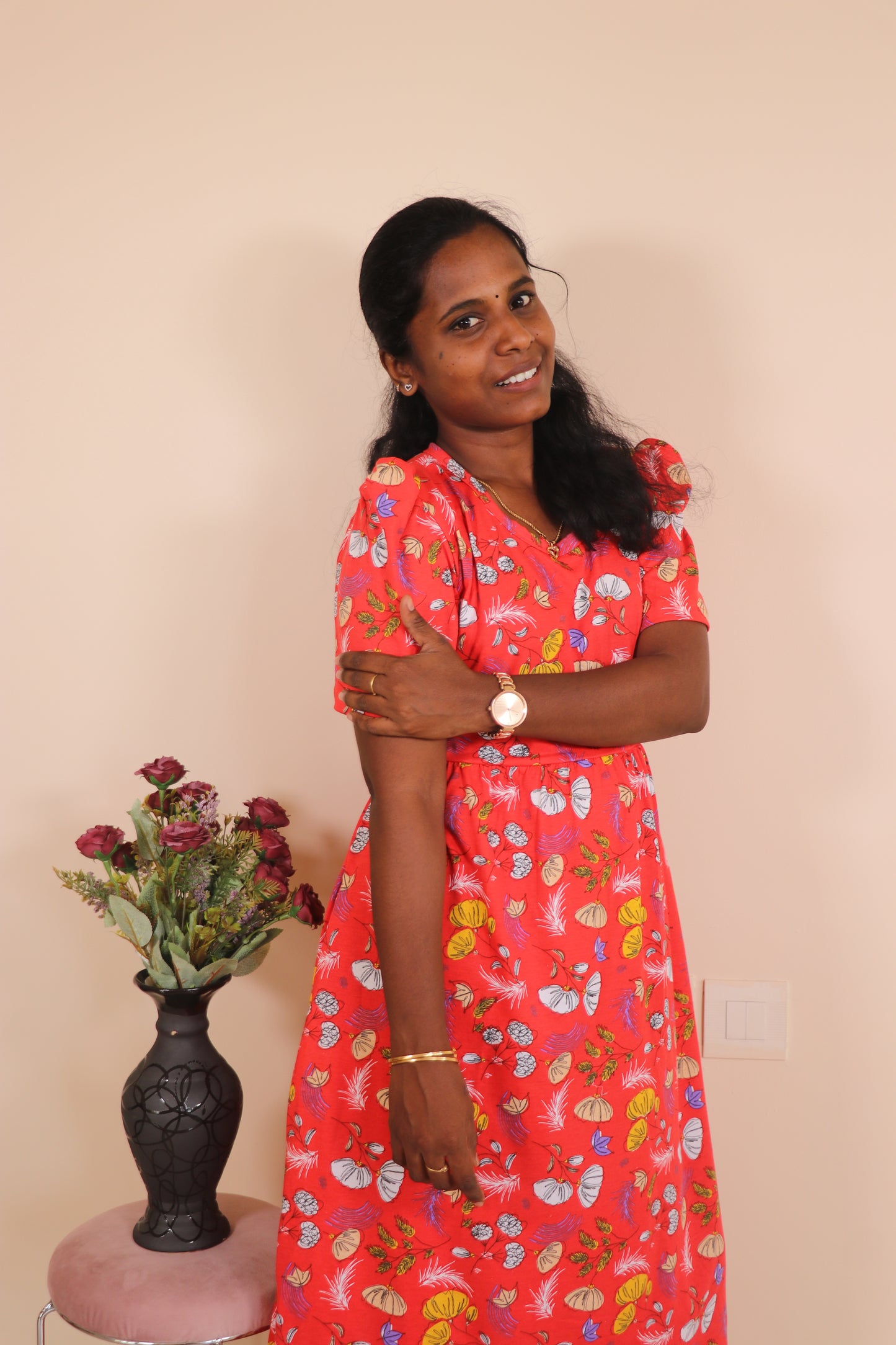 Women's Non feeding Lounge wear Puff sleeves- TCIN01 - Red Kannamma Puff
