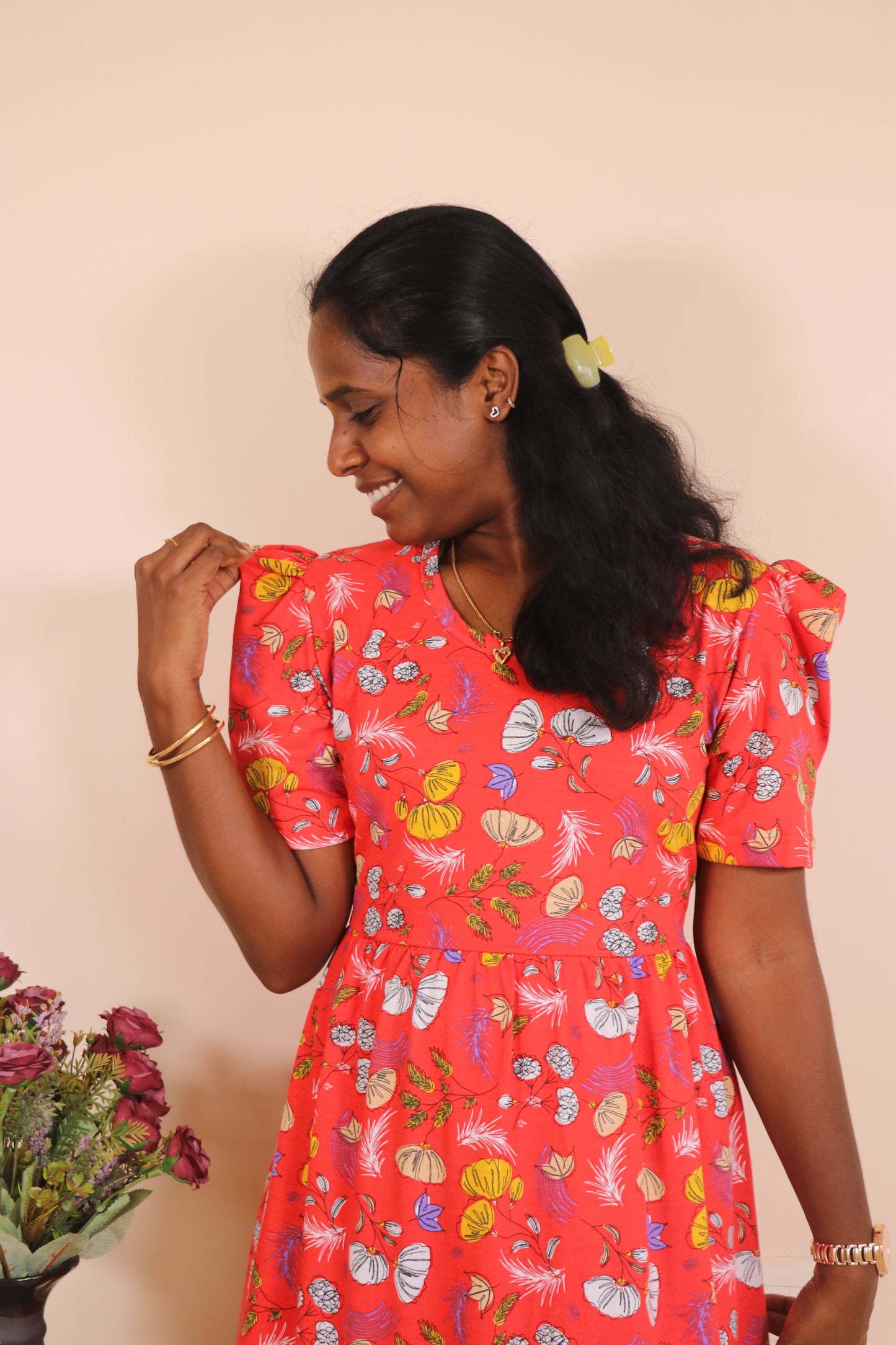 Women's Non feeding Lounge wear Puff sleeves- TCIN01 - Red Kannamma Puff