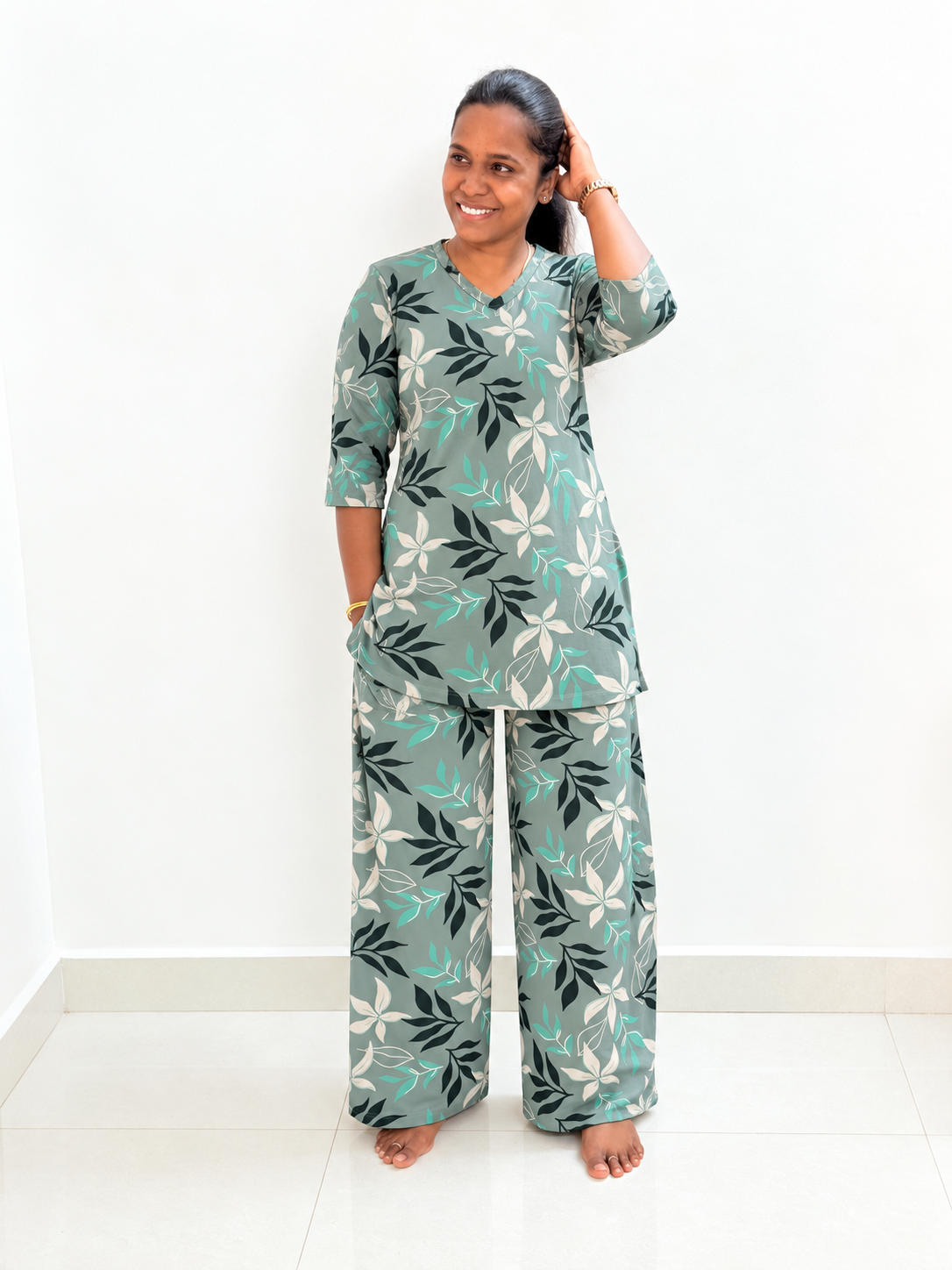 *READY TO DISPATCH * - Premium Quality - Women's Kurthi night set - Pista leafy joy Kurthi set