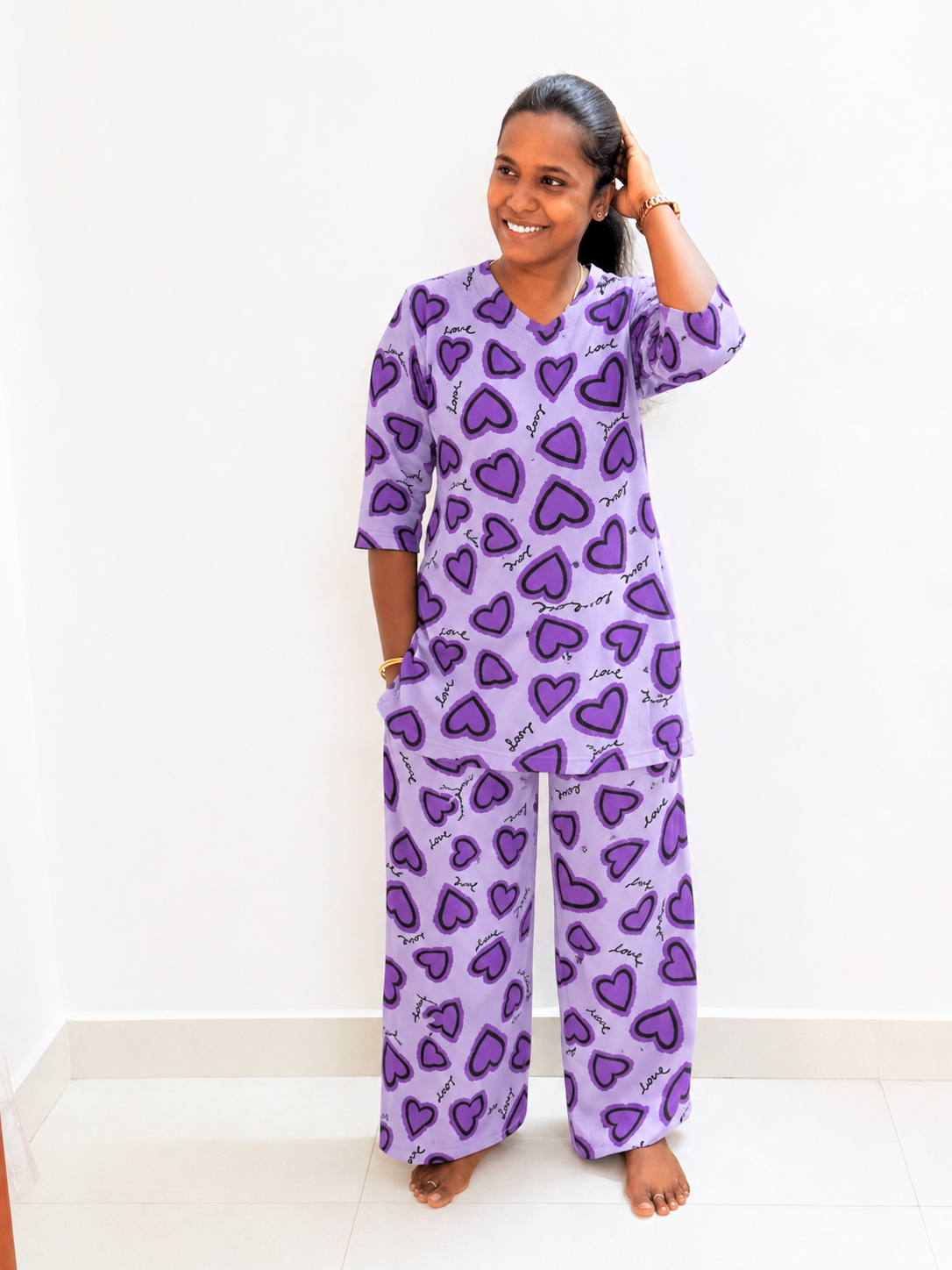 PREBOOKING - Premium Quality - Women's Kurthi night set  - Purple hearts