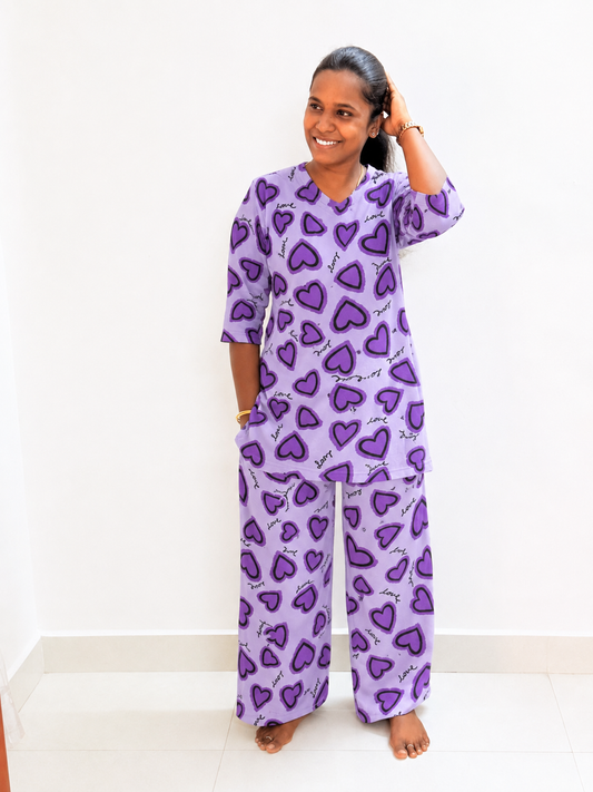 PREBOOKING - Women's Kurthi night set  - Purple hearts