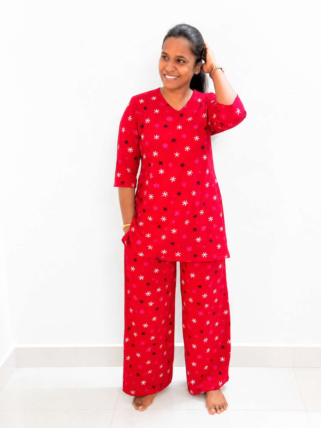 PREBOOKING - Premium Quality - Women's Kurthi night set  - Cherry stars