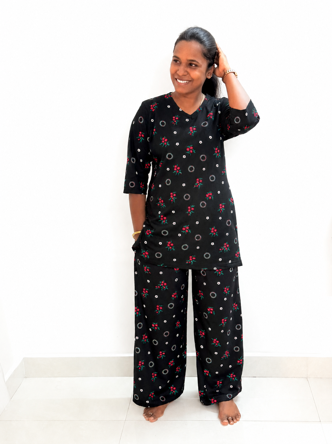 PREBOOKING - Premium Quality - Women's Kurthi night set  - Black muttais KURTHI SET