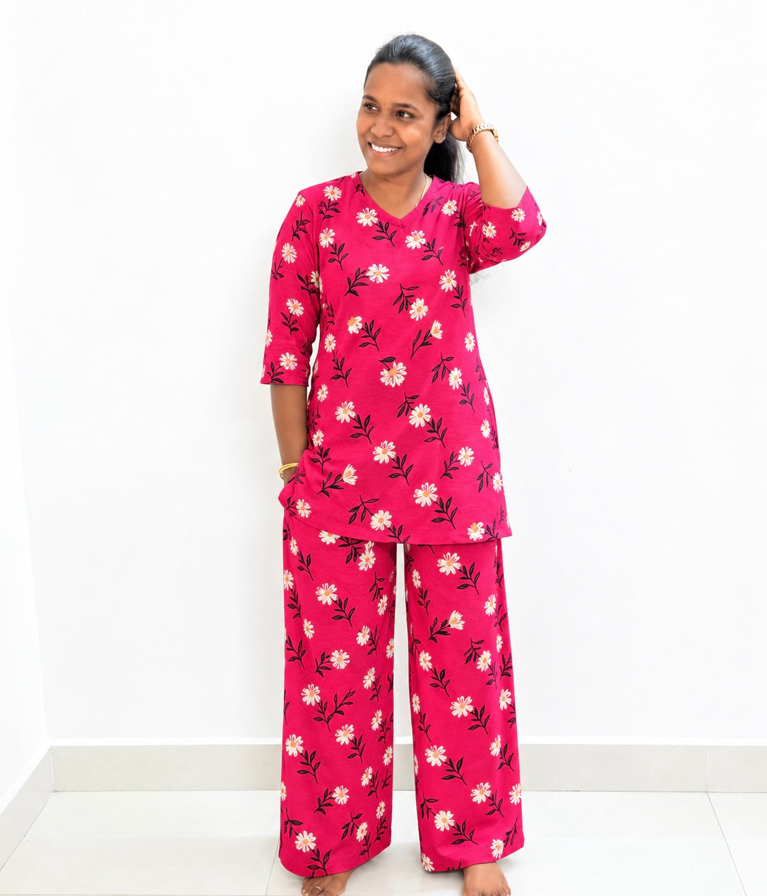 *PREBOOKING* - Premium Quality - Women's Kurthi night set  - Pink bouquet Kurthi set