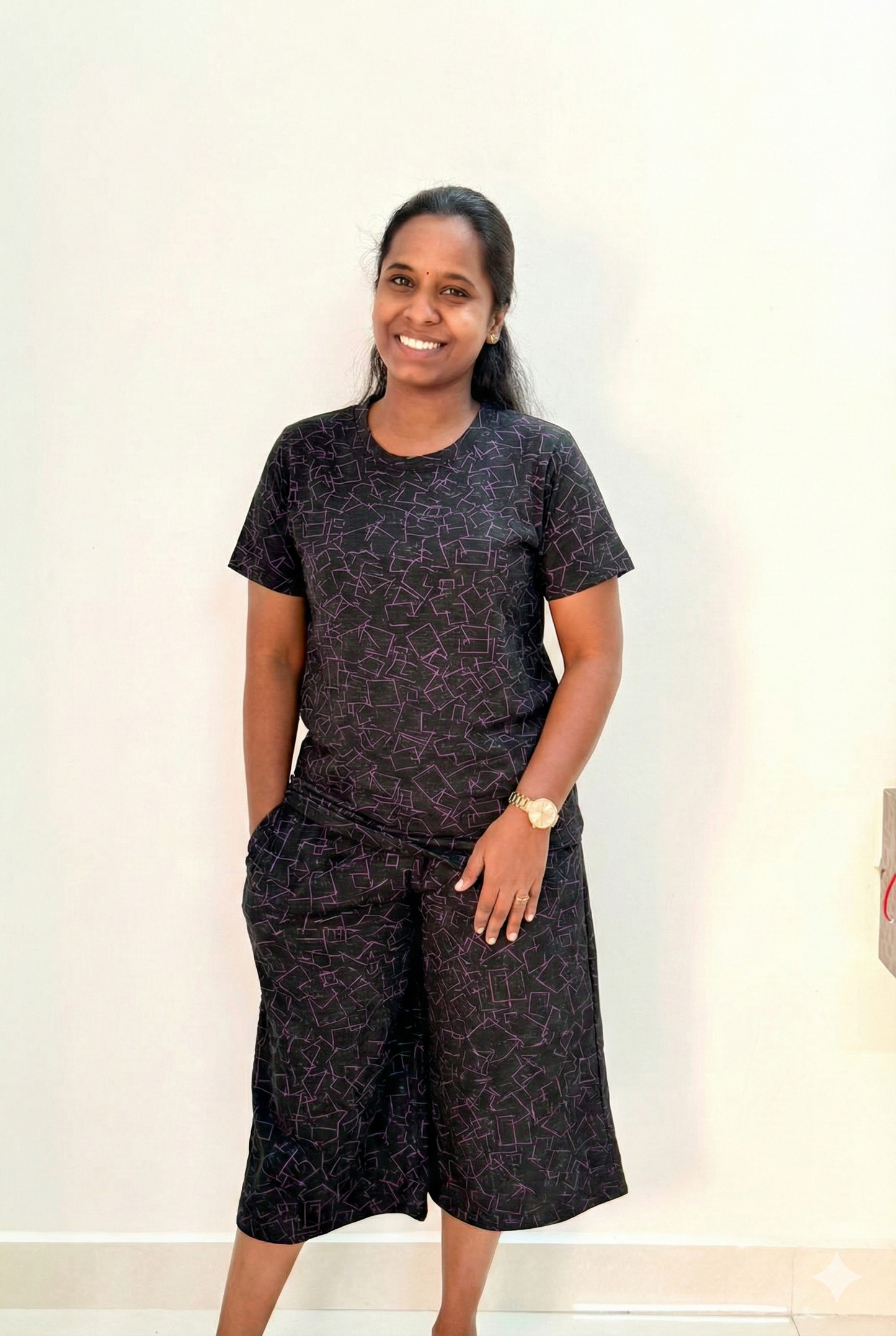 Women's 3/4 th Palazzo coord set - Black check shine