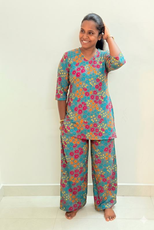 Prebooking** - Premium Women's Kurthi night set  - Rainbow floral kurthi set