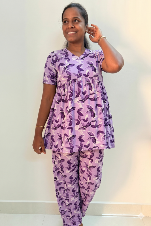 Premium Women's Curvy peplum coord set - Purple leaf peplum coords