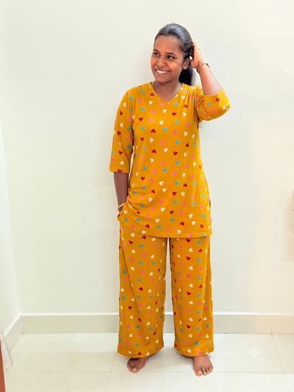 PREBOOKING - Premium Quality - Women's Kurthi night set  - Mustard multi hearts