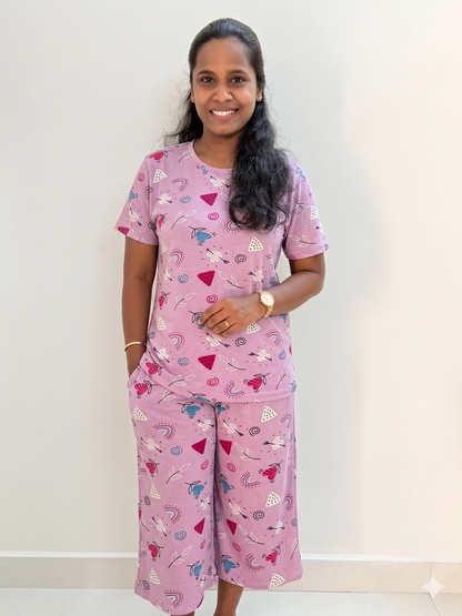 Premium Women's 3/4 th Palazzo coord set - Pink trios