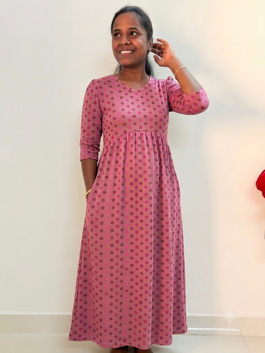 Prebooking* - Premium quality Soft Curvy Non feeding puff peplum maxi- Pink pattas peplum maxi