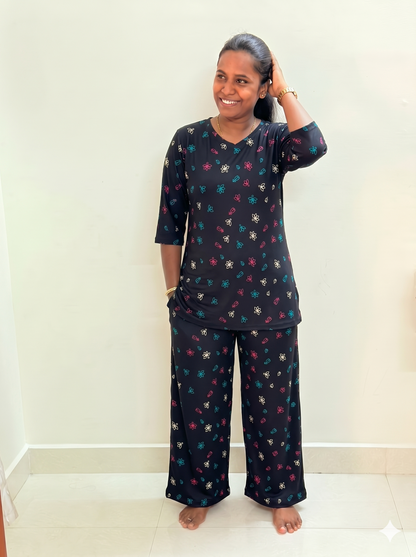 Prebooking** - Premium Women's Kurthi night set  - Navy lotus  kurthi set