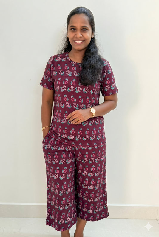 Premium Women's 3/4 th Palazzo coord set - Meroon multi poo palazzo coords