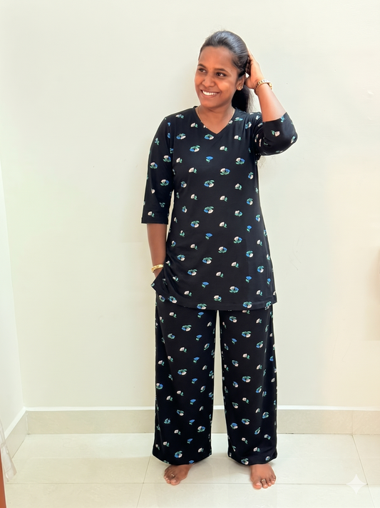 Prebooking** - Premium Women's Kurthi night set  - Black & White poovae kurthi set