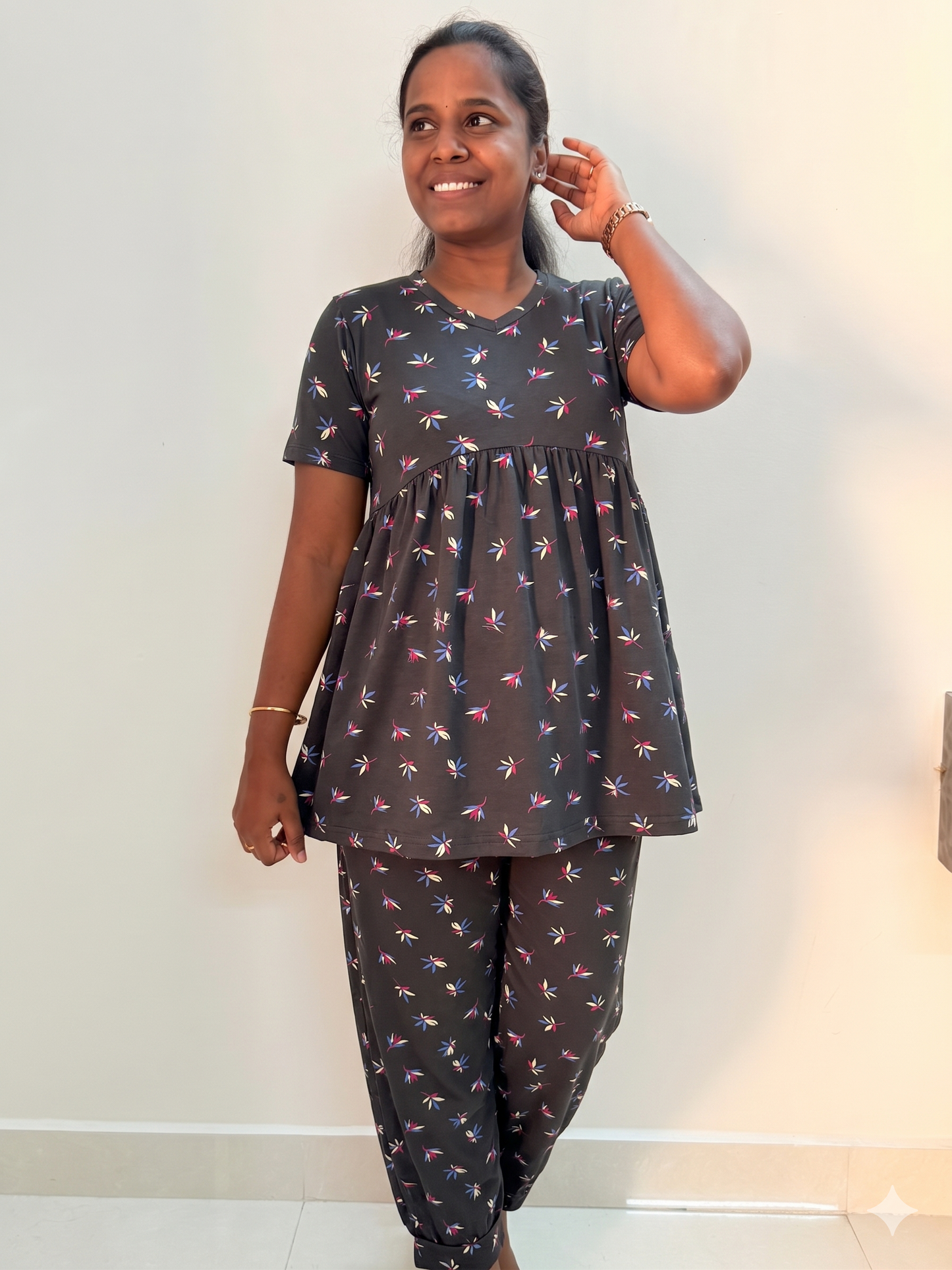 Premium Women's Curvy peplum coord set - Grey leaf peplum coords
