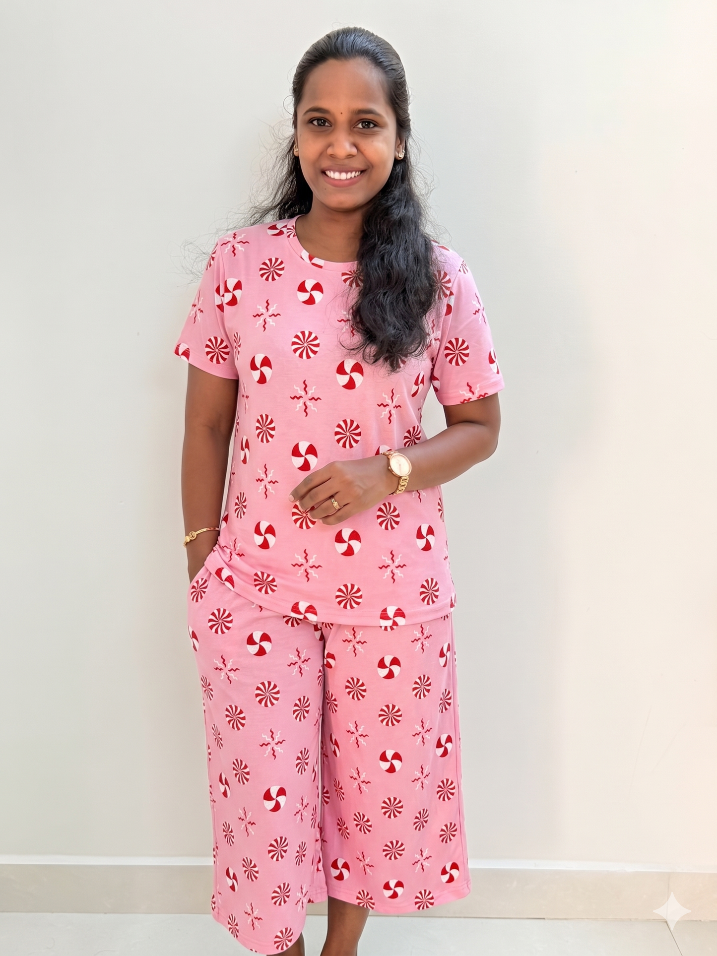 Prebooking* - Premium Women's 3/4 th Palazzo coord set - Pink chakkar palazzo coords