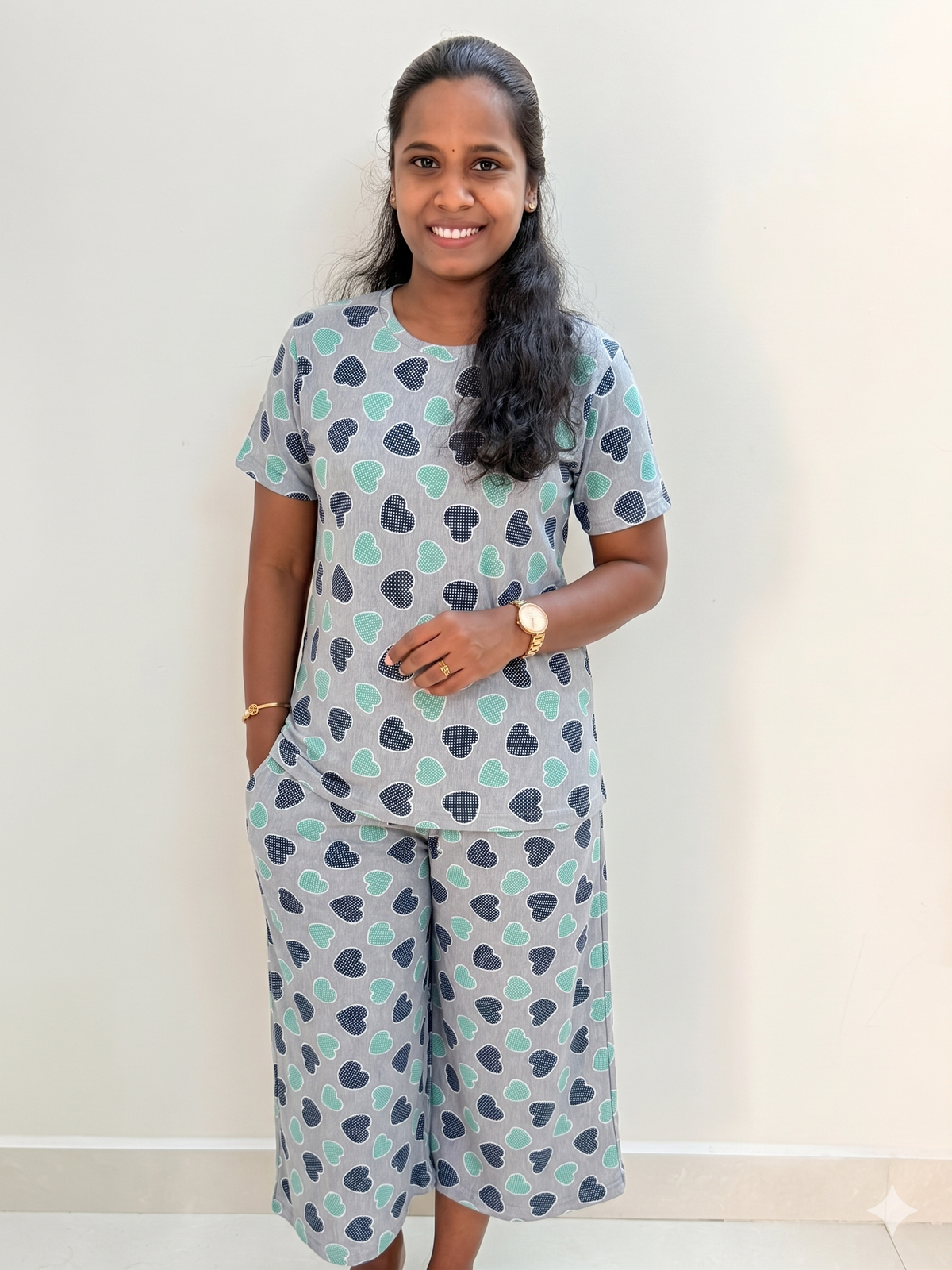 Premium Women's 3/4 th Palazzo coord set - Silver double hearts
