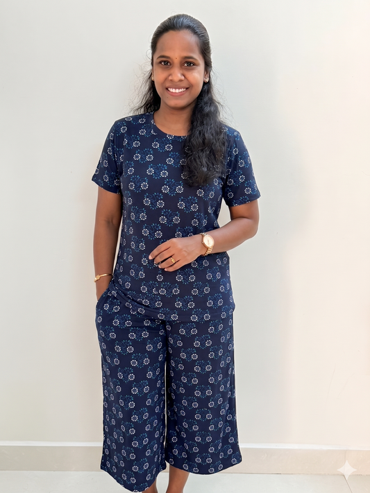 Premium Women's 3/4 th Palazzo coord set - Navy spiro palazzo coords