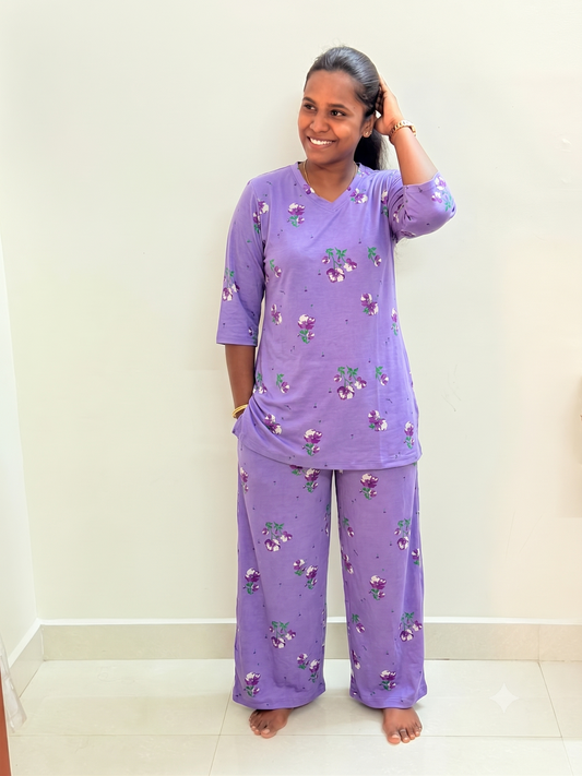 PREBOOKING - Premium Quality - Women's Kurthi night set  - Purp bouquet KURTHI SET
