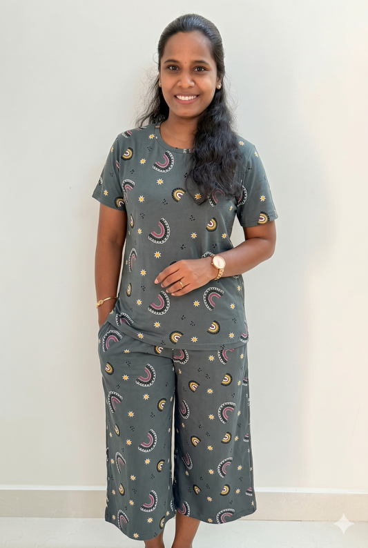 Prebooking* - Premium Women's 3/4 th Palazzo coord set - Grey rainbow palazzo coords