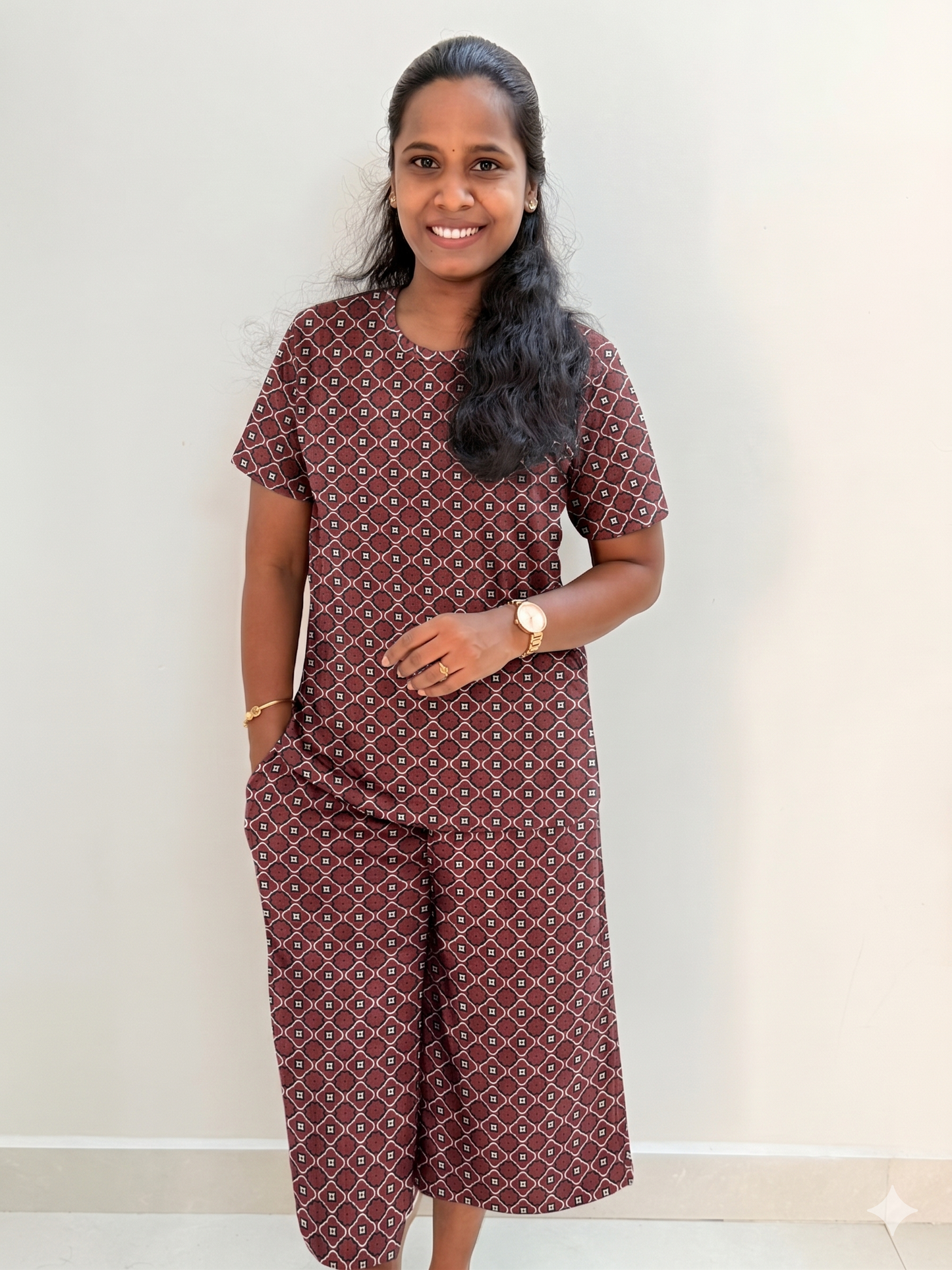 Premium Women's 3/4 th Palazzo coord set - Chocolate checks