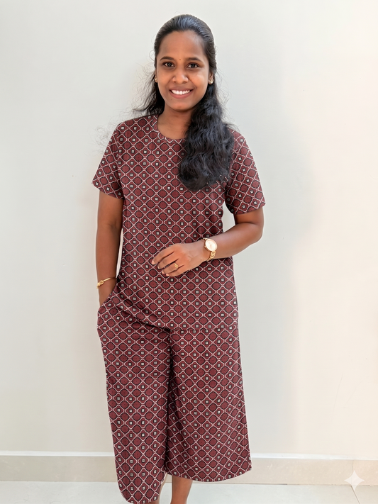 Premium Women's 3/4 th Palazzo coord set - Chocolate checks