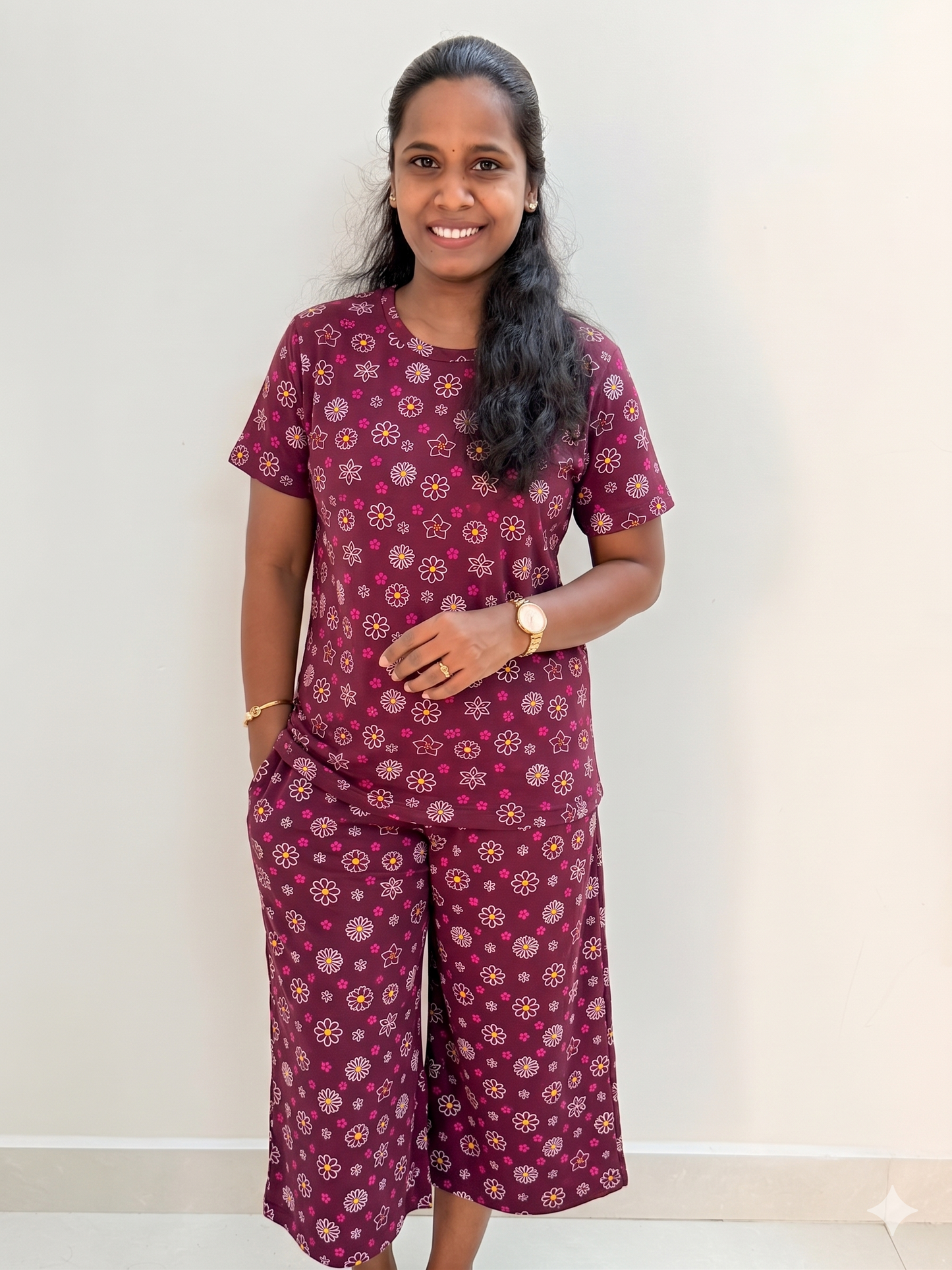 Prebooking** - Premium Women's 3/4 th Palazzo coord set - Meroon flora palazzo coords