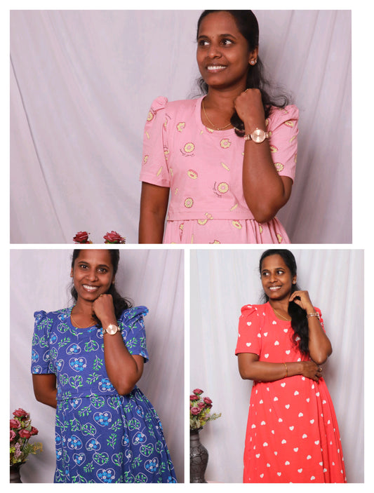 Super saver triple pack of 3 Puff Sleeves Feeding @1349 - Feeding Lounge wear(Royal hearts, Party pink and Red heart )