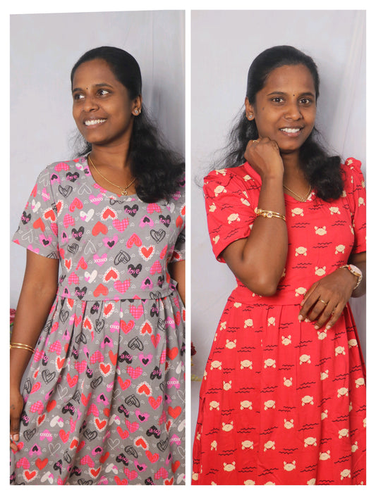 Super saver pack of 2 @850 - Feeding Lounge wear (Puff + non puff ) (Silver mini hearts and Red crab )