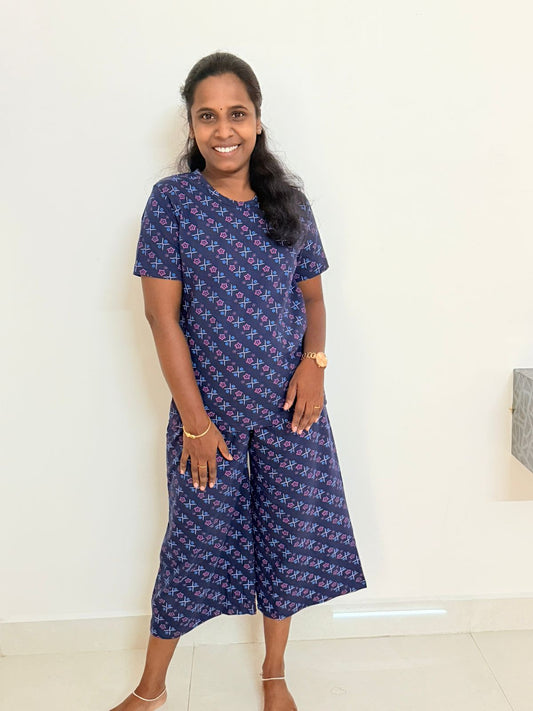 Women's 3/4 th Palazzo coord set - Navy diamonds