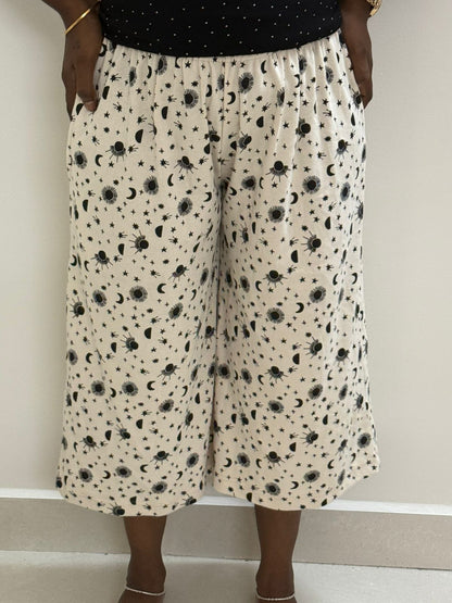 Printed Women's Calf length Palazzo pant - Beige Moon and star