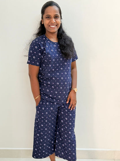 Premium Women's 3/4 th Palazzo coord set - Navy ring