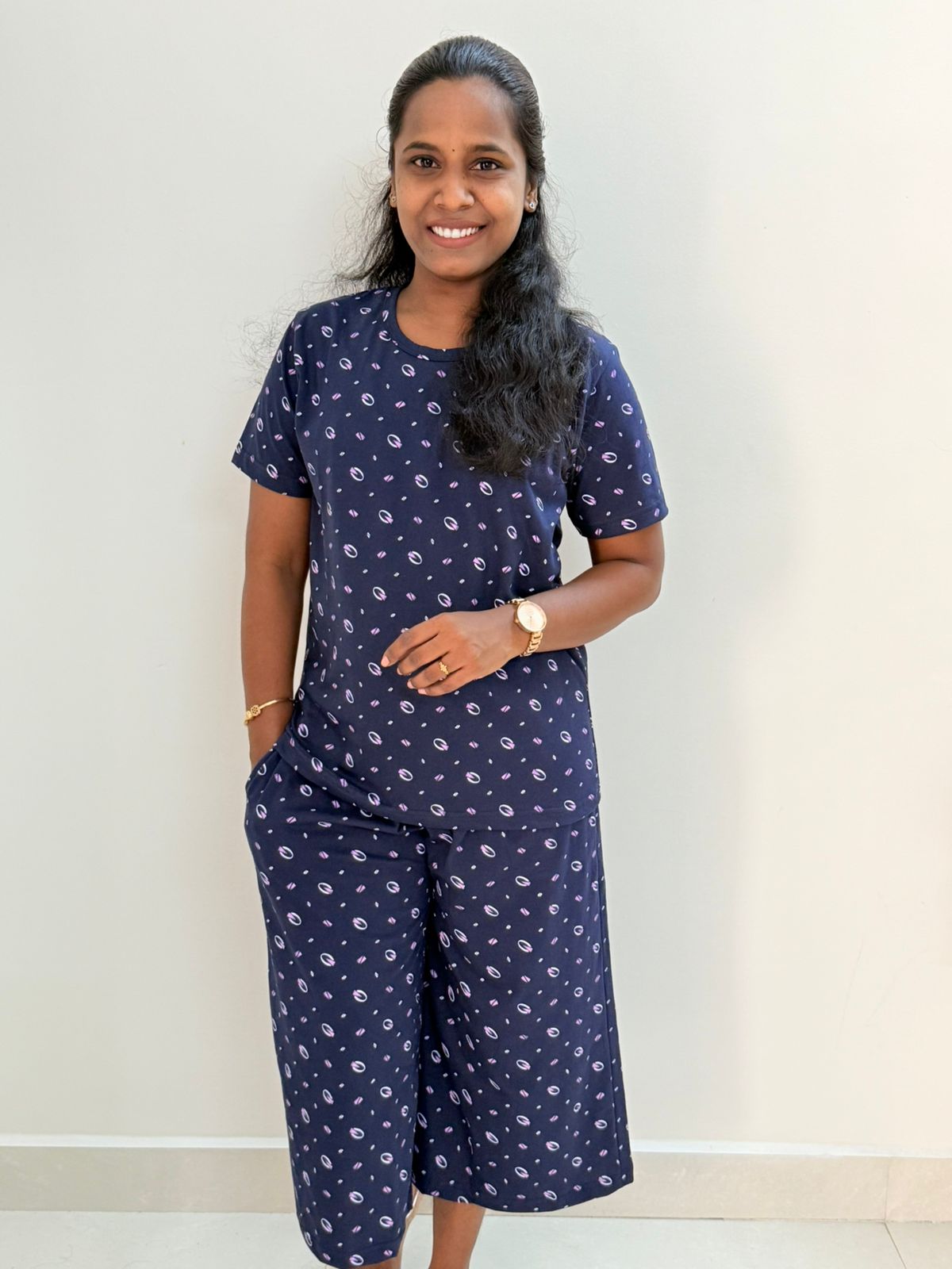 Premium Women's 3/4 th Palazzo coord set - Navy ring