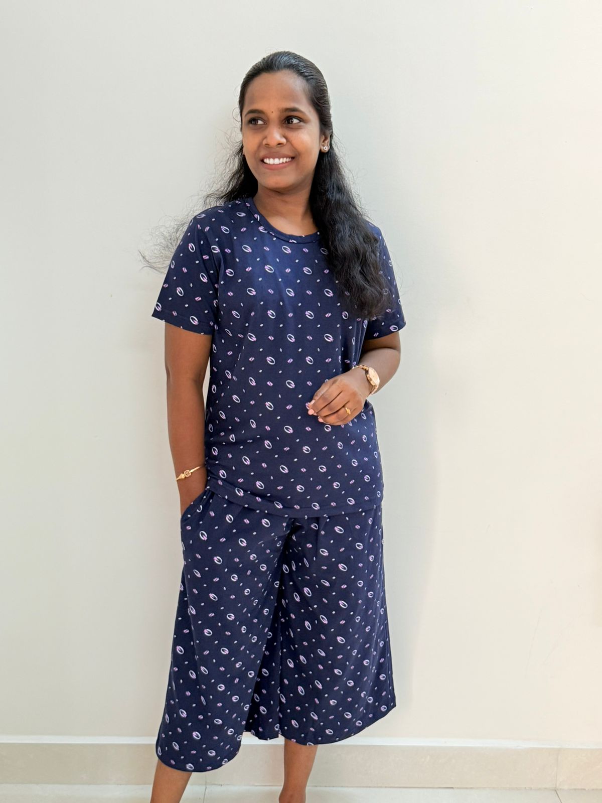 Premium Women's 3/4 th Palazzo coord set - Navy ring